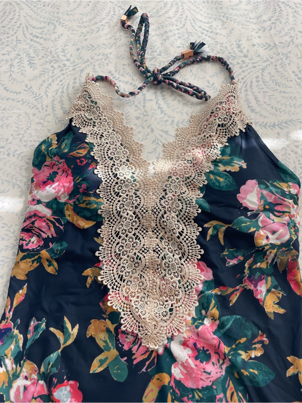 Blue Floral One-Piece Swimsuit with Lace Trim and halter top - Picture 2 of 6